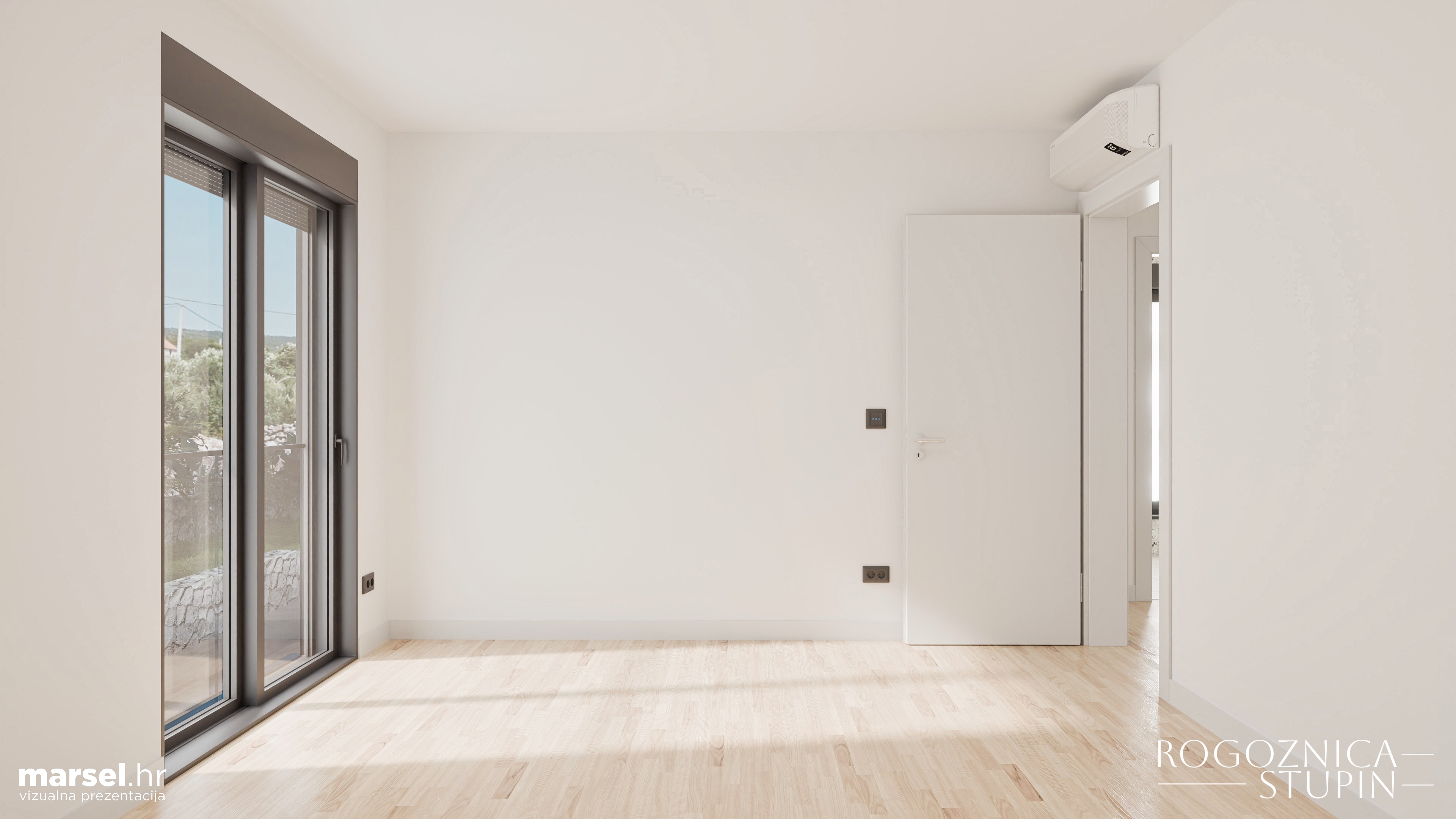 Vizualizacija interijera apartmana u novogradnji Rogoznica Stupin. Prostrani i svijetli unutarnji prostori s pogledom na more, idealni za stanovanje ili investiranje u apartman na dalmatinskoj obali.